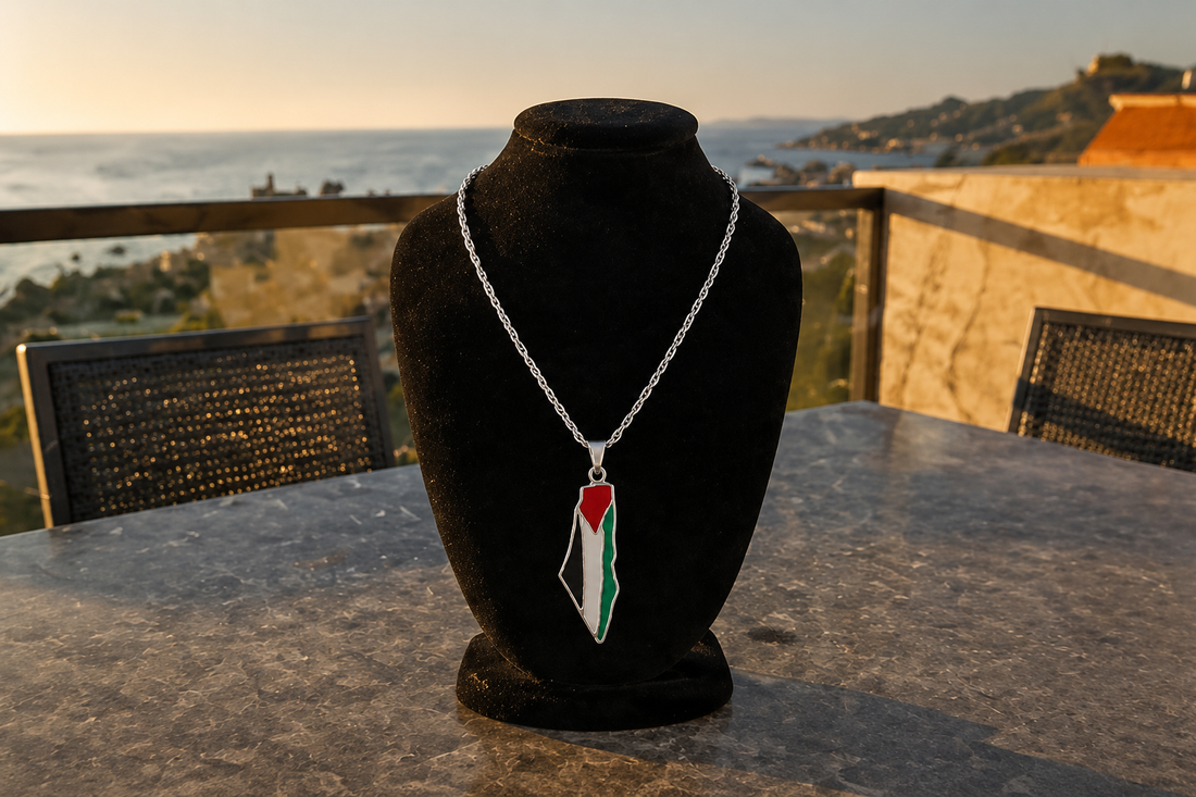 Palestine Map Necklace • Gold full Flag